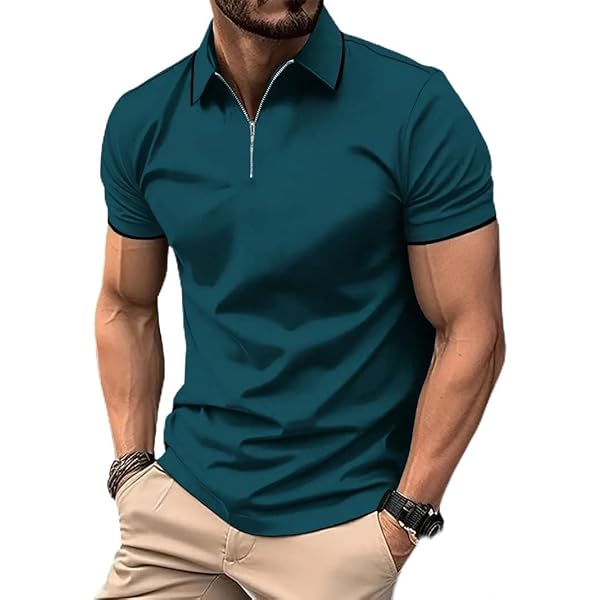 Mens Quarter-Zip V Neck Polo Shirts Collarless Athletic Basic Tee